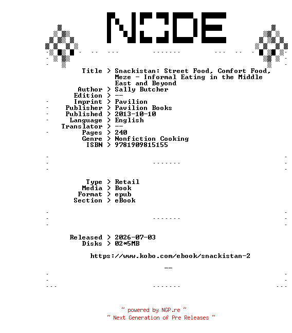 NFO for the release Sally.Butcher.Snackistan.Street.Food.Comfort.Food.Meze.-.Informal.Eating.in.the.Middle.East.and.Beyond.2013.RETAiL.EPUB.eBook-NODE by NODE