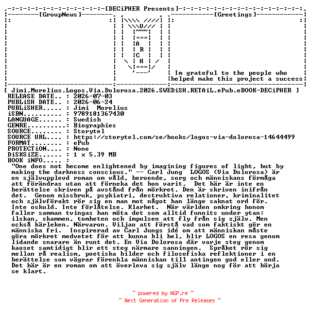 NFO for the release Jimi.Morelius.Logos.Via.Dolorosa.2026.SWEDiSH.RETAiL.ePub.eBOOK-DECiPHER by DECiPHER