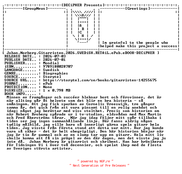 NFO for the release Johan.Norberg.Gitarristen.2026.SWEDiSH.RETAiL.ePub.eBOOK-DECiPHER by DECiPHER