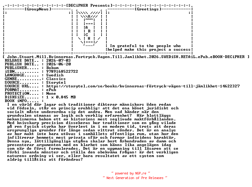 NFO for the release John.Stuart.Mill.Kvinnornas.Fortryck.Vagen.Till.Jamlikhet.2026.SWEDiSH.RETAiL.ePub.eBOOK-DECiPHER by DECiPHER
