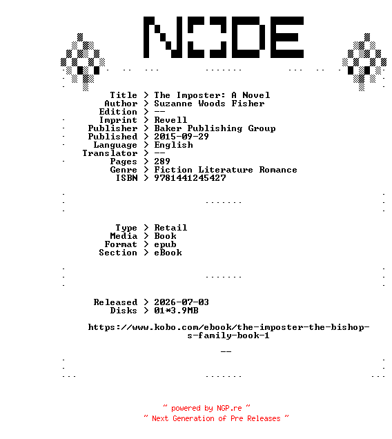 NFO for the release Suzanne.Woods.Fisher.The.Imposter.A.Novel.2015.RETAiL.EPUB.eBook-NODE by NODE