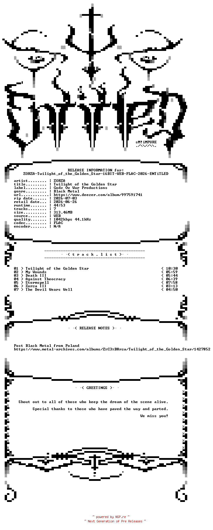 NFO for the release ZORZA-Twilight_of_the_Golden_Star-16BIT-WEB-FLAC-2026-ENTiTLED by ENTiTLED