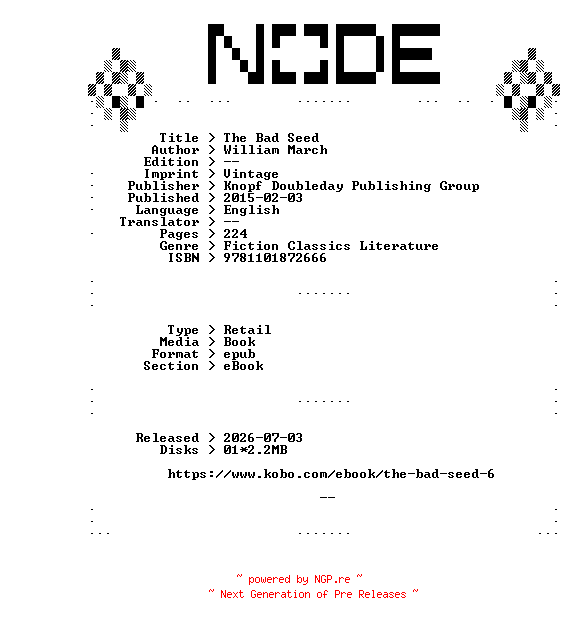 NFO for the release William.March.The.Bad.Seed.2015.RETAiL.EPUB.eBook-NODE by NODE