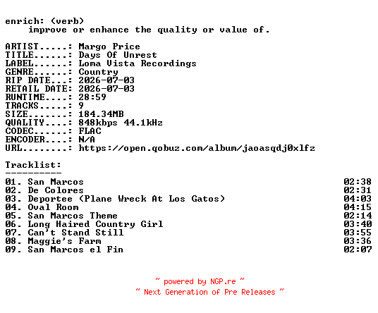 NFO for the release Margo_Price-Days_Of_Unrest-16BIT-WEB-FLAC-2026-ENRiCH by ENRiCH