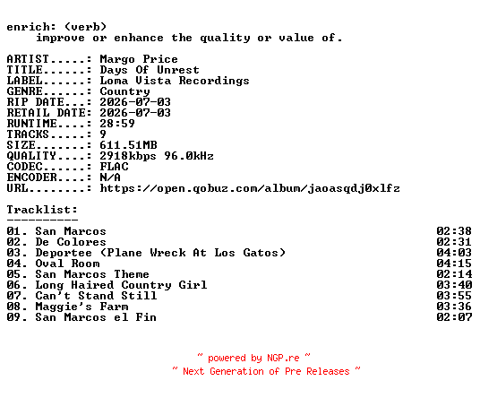 NFO for the release Margo_Price-Days_Of_Unrest-24BIT-WEB-FLAC-2026-ENRiCH by ENRiCH