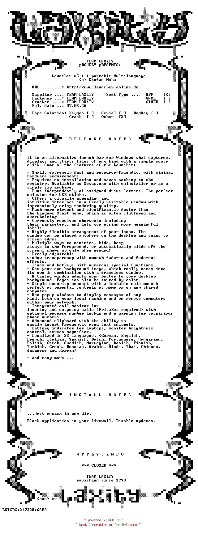 NFO for the release Launcher.v5.1.1.portable.Multilanguage-LAXiTY by LAXiTY
