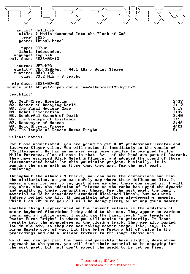 NFO for the release Hellfuck-9_Nails_Hammered_Into_the_Flesh_of_God-WEB-2026-BLEEDiNG by BLEEDiNG