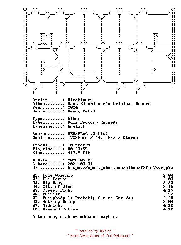 NFO for the release Bitchlover-Hank_Bitchlovers_Criminal_Record-24BIT-WEB-FLAC-2024-MOONBLOOD by MOONBLOOD