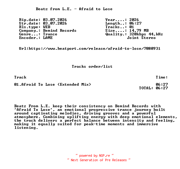 NFO for the release Beatz_From_L.E._-_Afraid_To_Lose-(BMD125B)-SINGLE-WEB-2026-FMC by FMC