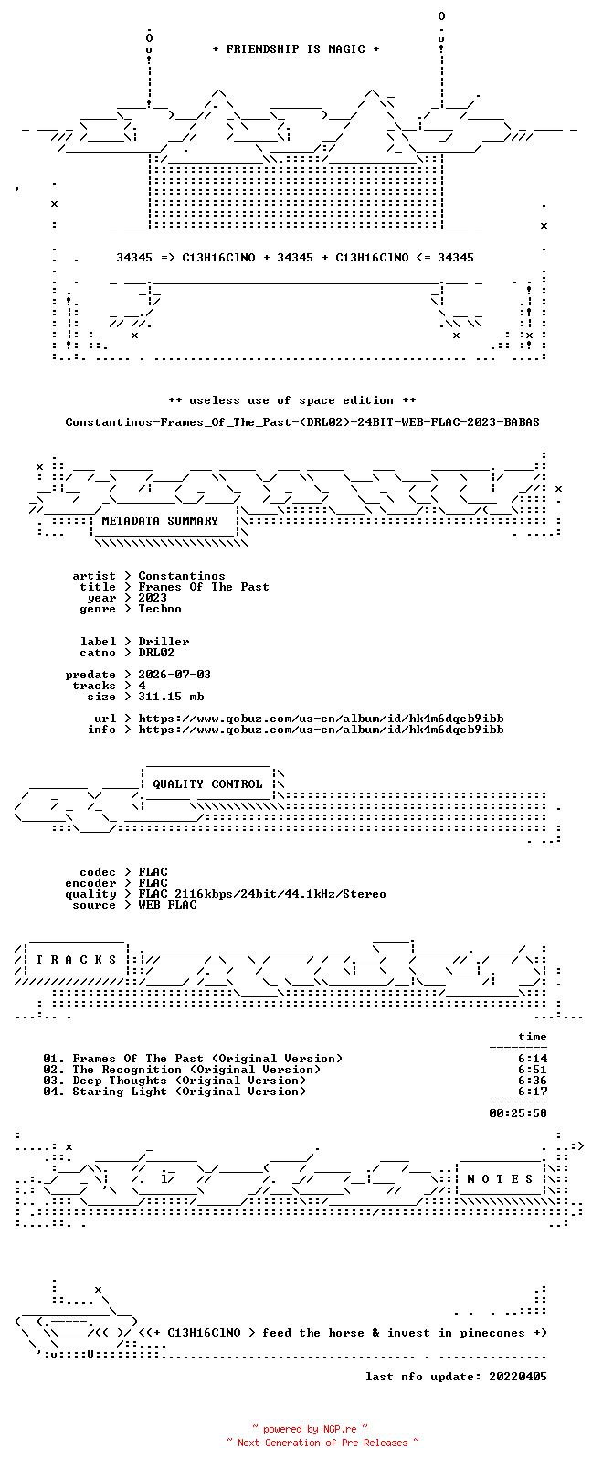 NFO for the release Constantinos-Frames_Of_The_Past-(DRL02)-24BIT-WEB-FLAC-2023-BABAS by BABAS