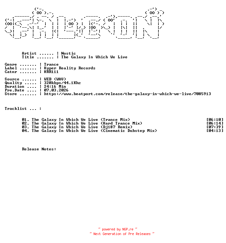 NFO for the release Nostic-The_Galaxy_In_Which_We_Live-(HRR111)-WEB-2026-FALCON by FALCON