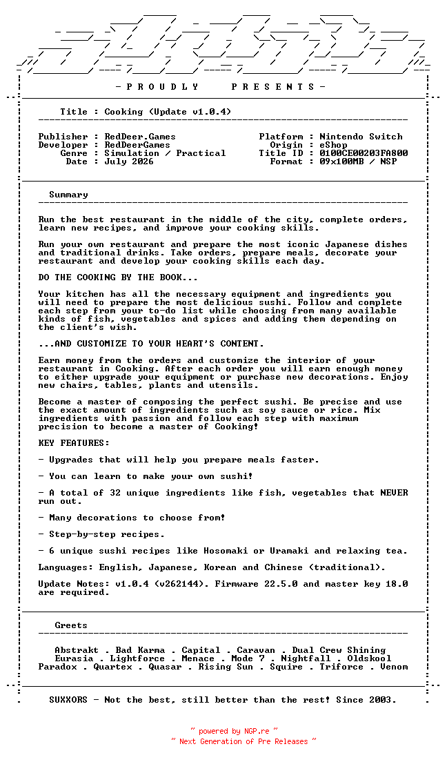 NFO for the release Cooking_Update_v1.0.4_NSW-SUXXORS by SUXXORS
