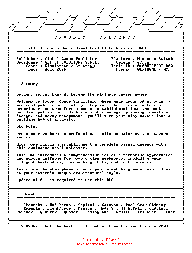 NFO for the release Tavern_Owner_Simulator_Elite_Workers_DLC_NSW-SUXXORS by SUXXORS