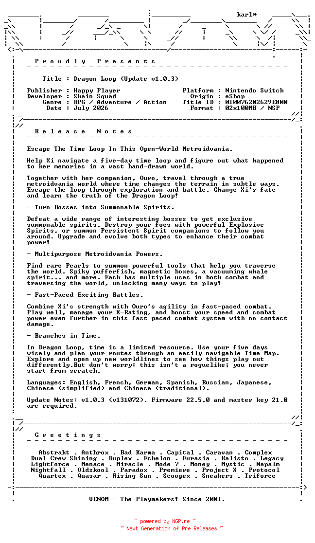 NFO for the release Dragon_Loop_Update_v1.0.3_NSW-VENOM by VENOM