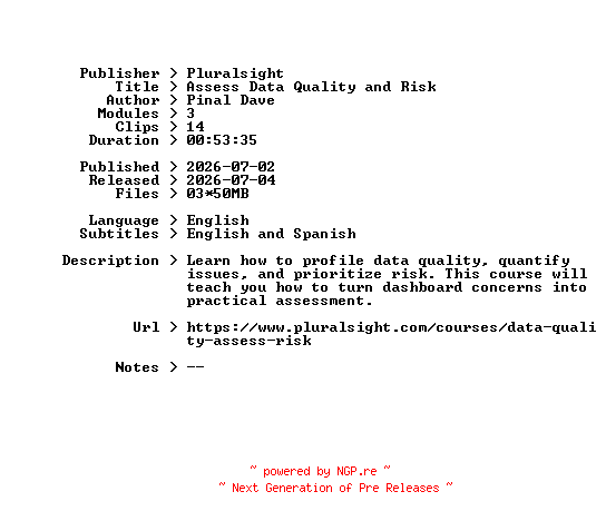 NFO for the release Pluralsight.Assess.Data.Quality.and.Risk.2026.BOOKWARE-GETH by GETH