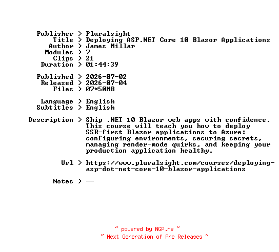 NFO for the release Pluralsight.Deploying.ASP.NET.Core.10.Blazor.Applications.2026.BOOKWARE-GETH by GETH