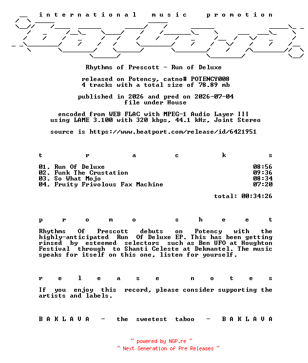 NFO for the release Rhythms_Of_Prescott-Run_Of_Deluxe-(POTENCY008)-WEB-2026-BAKLAVA by BAKLAVA