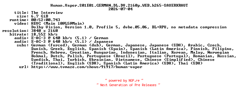 NFO for the release Human.Vapor.S01E01.GERMAN.DL.DV.2160p.WEB.h265-SAUERKRAUT by SAUERKRAUT