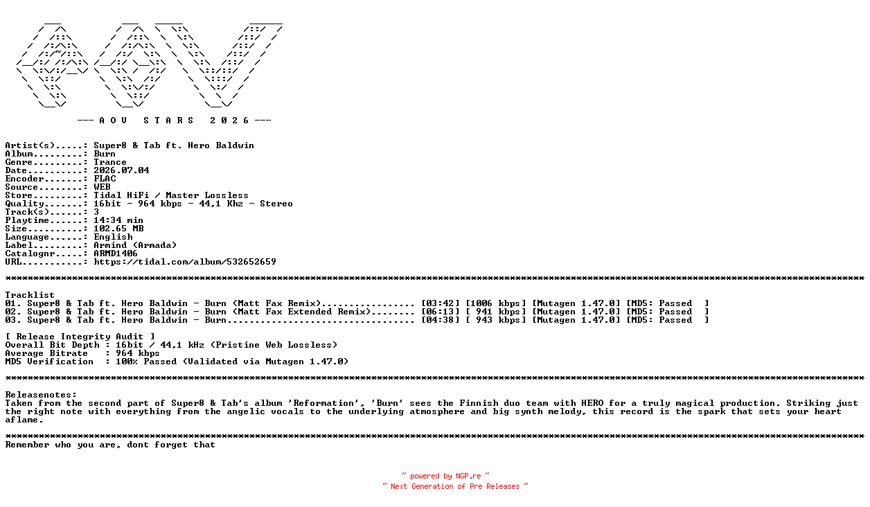 NFO for the release Super8_and_Tab_ft._Hero_Baldwin-Burn-(ARMD1406)-16BIT-WEB-FLAC-2026-AOVF by AOVF