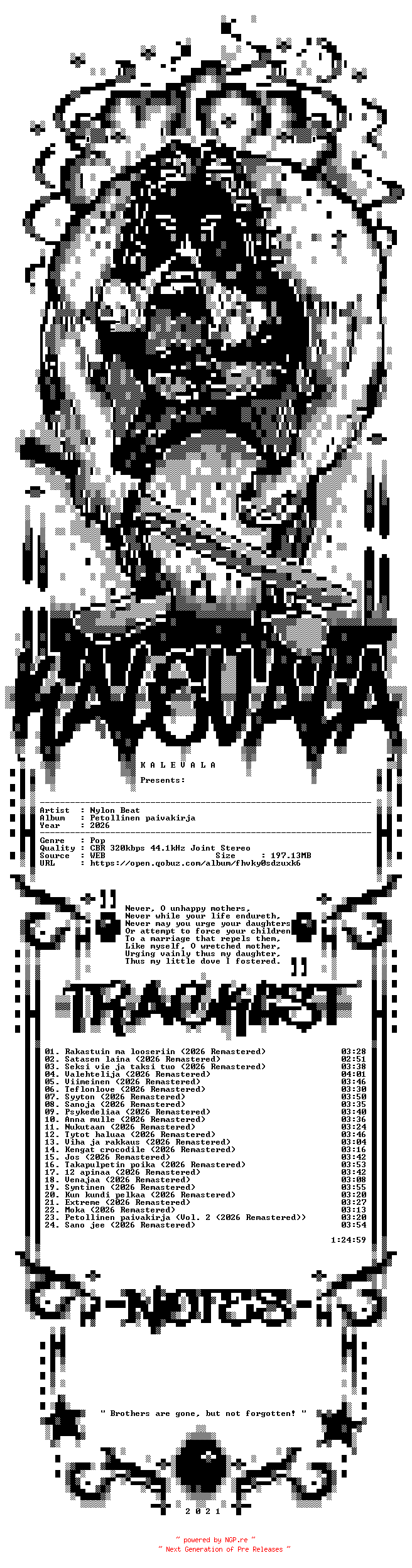 NFO for the release Nylon_Beat-Petollinen_Paivakirja-WEB-FI-2026-KALEVALA by KALEVALA