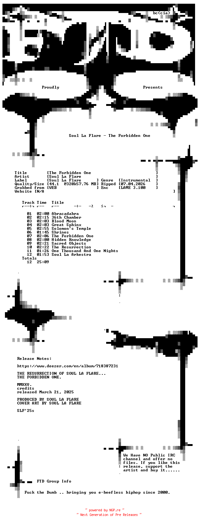 NFO for the release Soul_La_Flare-The_Forbidden_One-WEB-2025-FTD by FTD