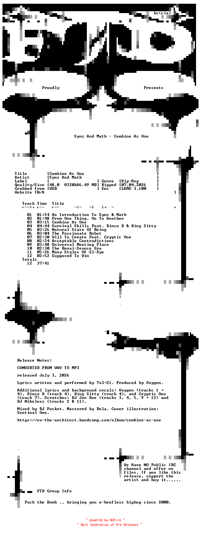 NFO for the release Synz_And_Math-Combine_As_One-WEB-2026-FTD_INT by FTD_INT