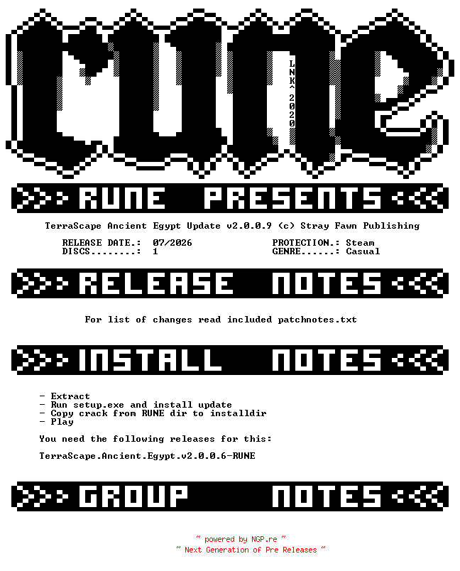 NFO for the release TerraScape.Ancient.Egypt.Update.v2.0.0.9-RUNE by RUNE