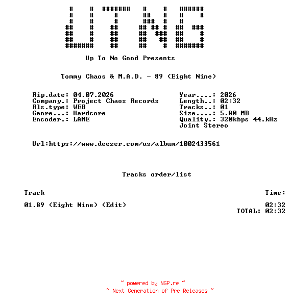 NFO for the release Tommy_Chaos_And_M.A.D._-_89_(Eight_Nine)_(Edit)-SINGLE-WEB-2026-UTNG by UTNG