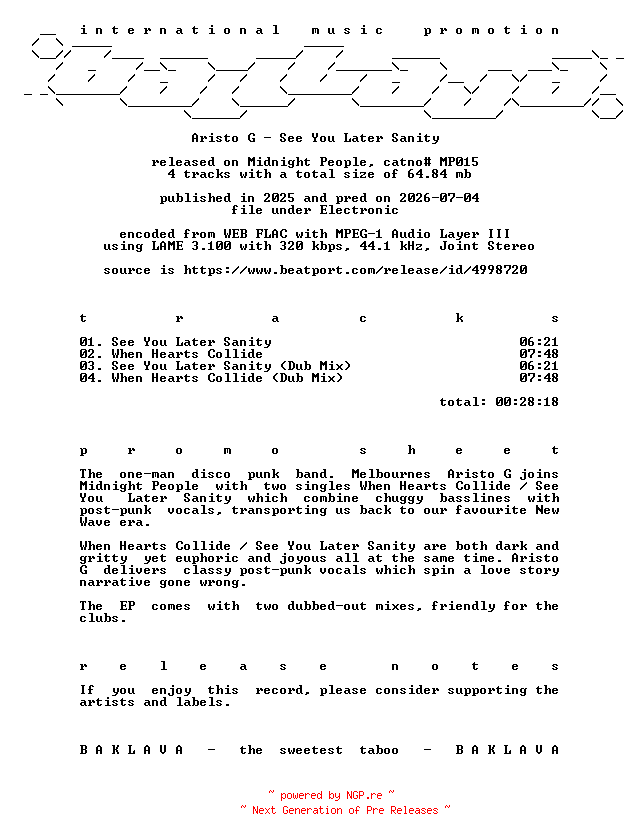 NFO for the release Aristo_G-See_You_Later_Sanity-(MP015)-WEB-2025-BAKLAVA by BAKLAVA