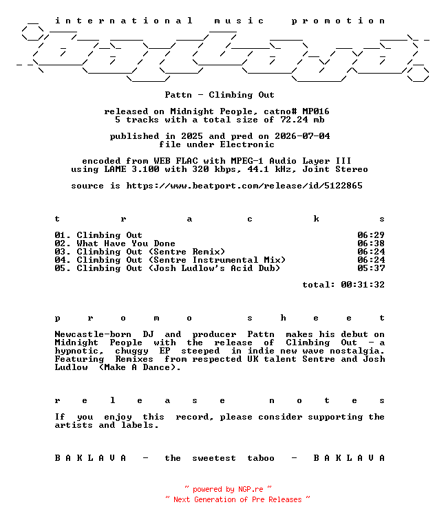 NFO for the release Pattn-Climbing_Out-(MP016)-WEB-2025-BAKLAVA by BAKLAVA