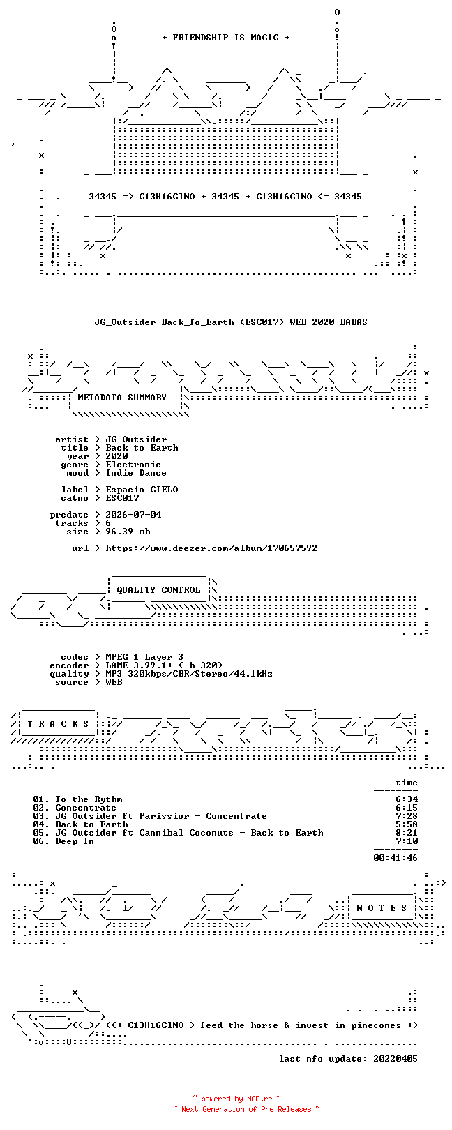 NFO for the release JG_Outsider-Back_To_Earth-(ESC017)-WEB-2020-BABAS by BABAS