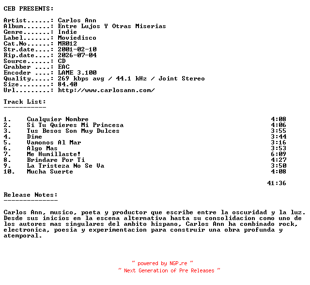 NFO for the release Carlos_Ann-Entre_Lujos_Y_Otras_Miserias-(MR012)-ES-CD-2001-CEB by CEB