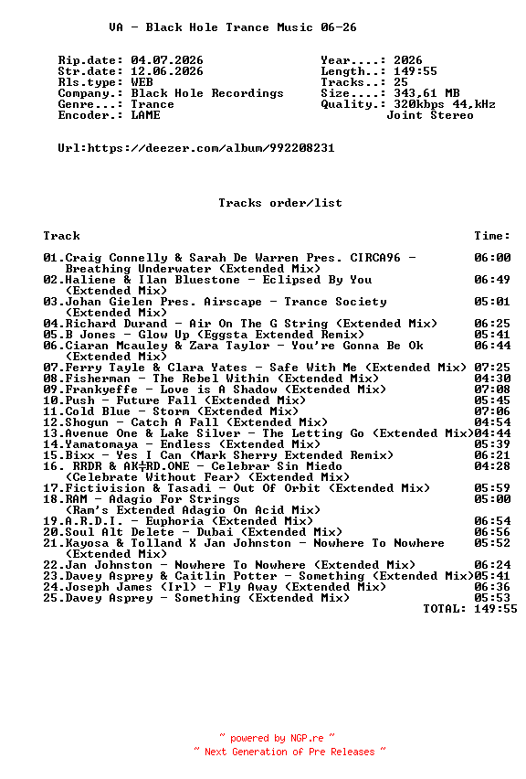 NFO for the release VA_-_Black_Hole_Trance_Music_06-26-(BHDC767)-WEB-2026-FMC by FMC