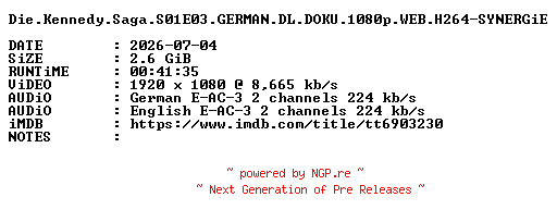 NFO for the release Die.Kennedy.Saga.S01E03.GERMAN.DL.DOKU.1080p.WEB.H264-SYNERGiE by SYNERGiE