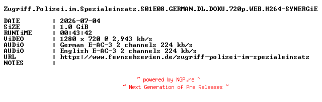 NFO for the release Zugriff.Polizei.im.Spezialeinsatz.S01E08.GERMAN.DL.DOKU.720p.WEB.H264-SYNERGiE by SYNERGiE