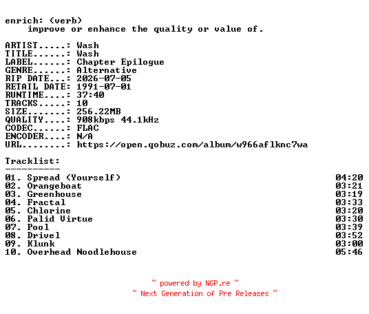 NFO for the release Wash-Wash-16BIT-WEB-FLAC-2026-ENRiCH by ENRiCH