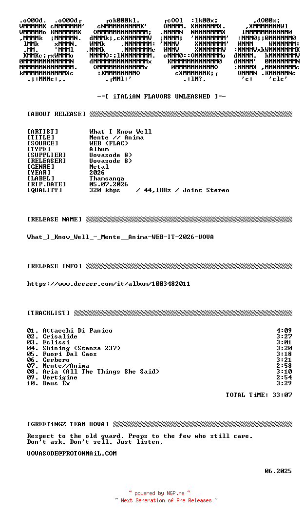 NFO for the release What_I_Know_Well_-_Mente__Anima-WEB-IT-2026-UOVA by UOVA
