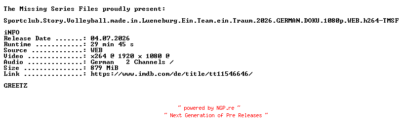 NFO for the release Sportclub.Story.Volleyball.made.in.Lueneburg.Ein.Team.ein.Traum.2026.GERMAN.DOKU.1080p.WEB.h264-TMSF by TMSF