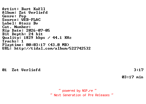NFO for the release Bart_Kaell-Zot_Verliefd-NL-SINGLE-24BIT-WEB-FLAC-2026-BAQ by BAQ