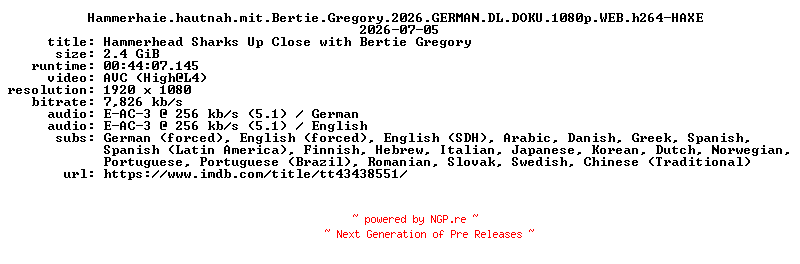 NFO for the release Hammerhaie.hautnah.mit.Bertie.Gregory.2026.GERMAN.DL.DOKU.1080p.WEB.h264-HAXE by HAXE
