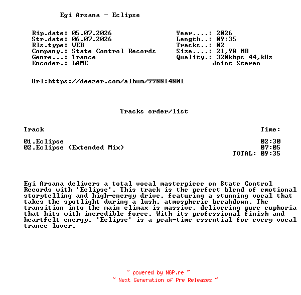 NFO for the release Egi_Arsana_-_Eclipse-(SCR748)-WEB-2026-FMC by FMC