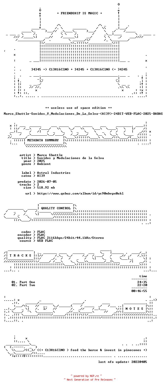 NFO for the release Marco_Shuttle-Sonidos_Y_Modulaciones_De_La_Selva-(AI39)-24BIT-WEB-FLAC-2025-BABAS by BABAS