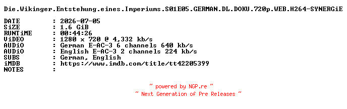 NFO for the release Die.Wikinger.Entstehung.eines.Imperiums.S01E05.GERMAN.DL.DOKU.720p.WEB.H264-SYNERGiE by SYNERGiE