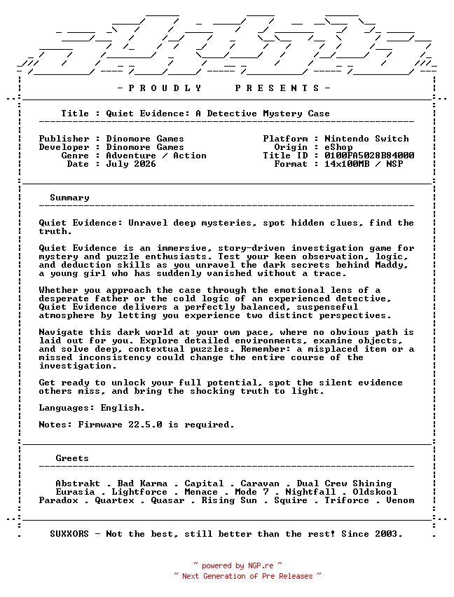 NFO for the release Quiet_Evidence_A_Detective_Mystery_Case_NSW-SUXXORS by SUXXORS