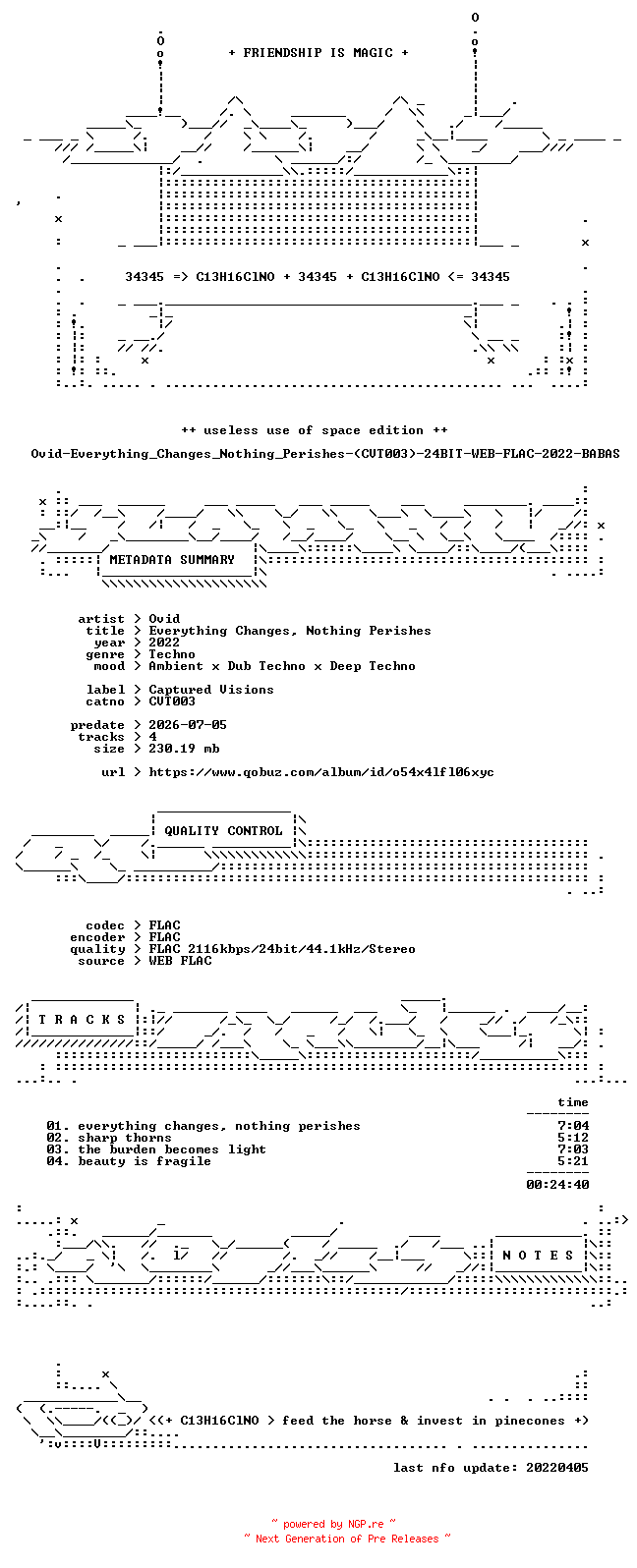 NFO for the release Ovid-Everything_Changes_Nothing_Perishes-(CVT003)-24BIT-WEB-FLAC-2022-BABAS by BABAS