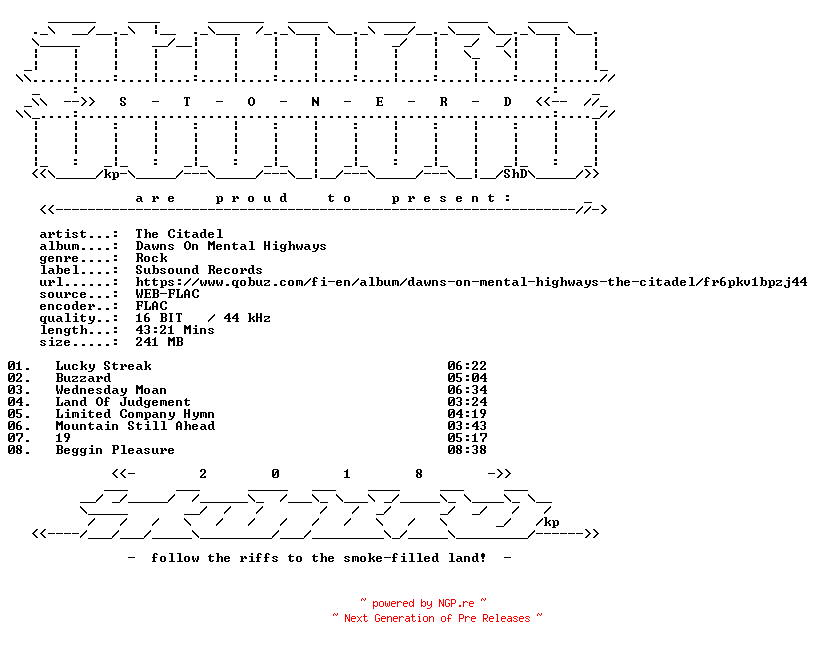 NFO for the release The_Citadel-Dawns_On_Mental_Highways-16BIT-WEB-FLAC-2026-STONERD by STONERD