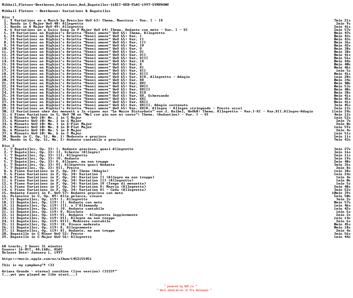 NFO for the release Mikhail_Pletnev-Beethoven_Variations_And_Bagatelles-16BIT-WEB-FLAC-1997-SYMPHONY by SYMPHONY