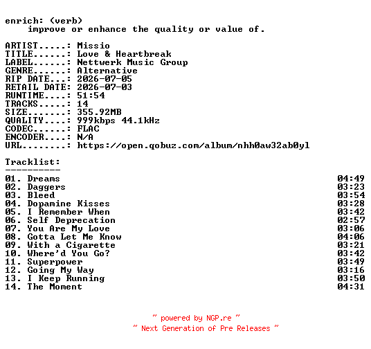 NFO for the release Missio-Love_and_Heartbreak-16BIT-WEB-FLAC-2026-ENRiCH by ENRiCH