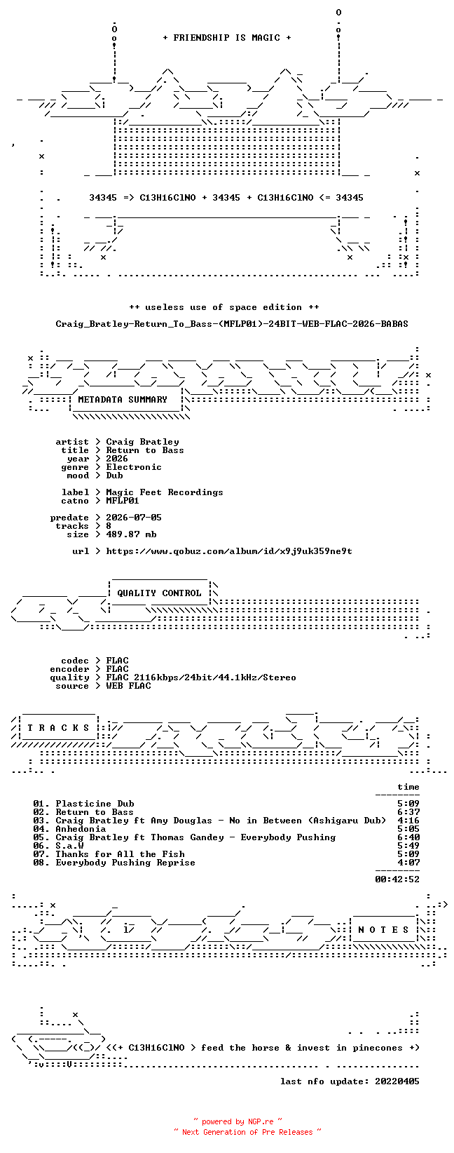 NFO for the release Craig_Bratley-Return_To_Bass-(MFLP01)-24BIT-WEB-FLAC-2026-BABAS by BABAS