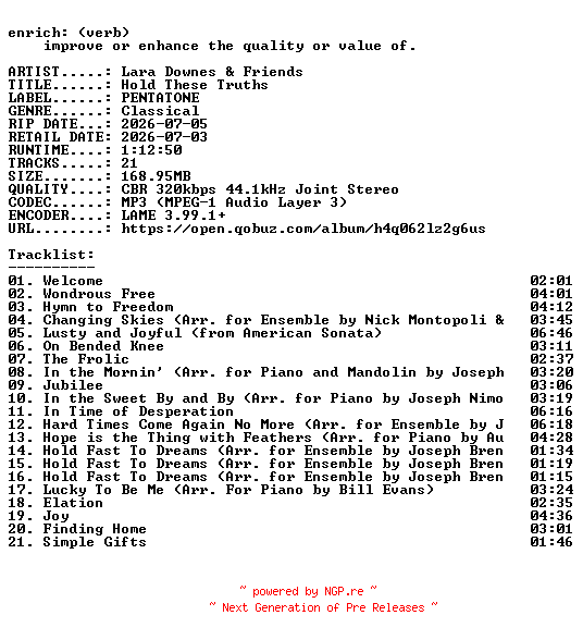 NFO for the release Lara_Downes_and_Friends-Hold_These_Truths-WEB-2026-ENRiCH by ENRiCH